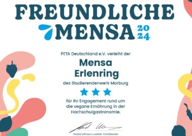 Erneut ist Marburg von PETA als vegan-freundliche Mensa ausgezeichnet worden